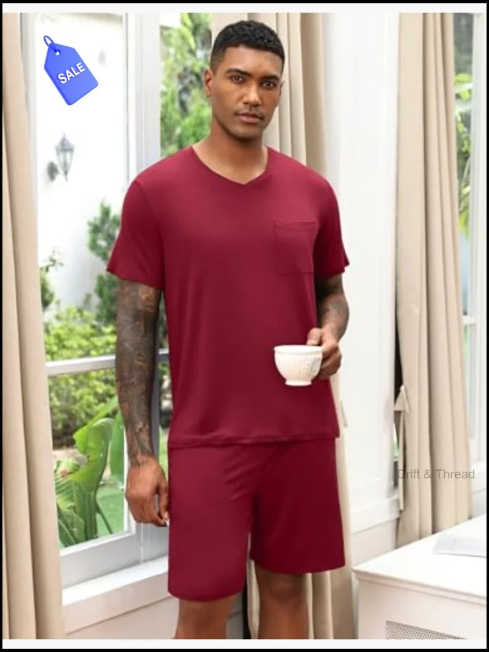 Men's Pajama Set V-Neck Short Sleeve Lounge Set with Pockets S-XXL